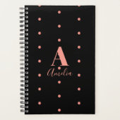 Monogram Name Black Rose Gold Polka Dot Planer (Vorderseite)