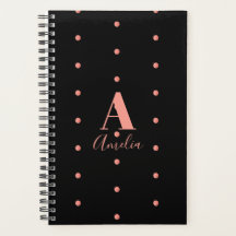 Monogram Name Black Rose Gold Polka Dot