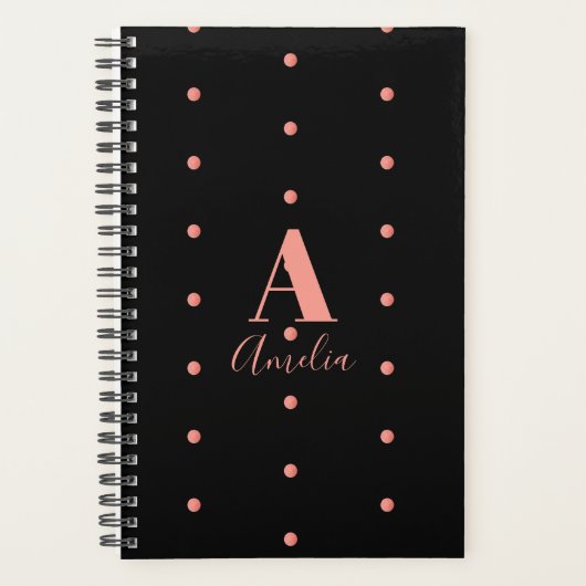 Monogram Name Black Rose Gold Polka Dot Planer (Vorderseite)