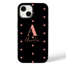 Monogram Name Black Rose Gold Polka Dots