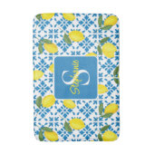 Monogram Name Blue French Tile Lemon Pattern  Badematte (Vorderseite Vertikal)