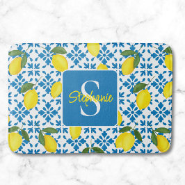 Monogram Name Blue French Tile Lemon Pattern  Badematte