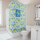 Monogram Name Blue French Tile Lemon Pattern  Duschvorhang (Beispiel)