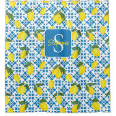 Monogram Name Blue French Tile Lemon Pattern  Duschvorhang (Vorderseite)