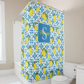 Monogram Name Blue French Tile Lemon Pattern Duschvorhang