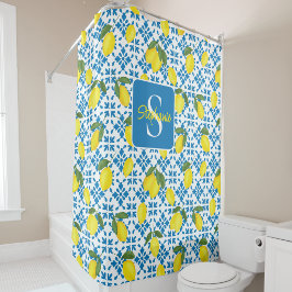 Monogram Name Blue French Tile Lemon Pattern  Duschvorhang