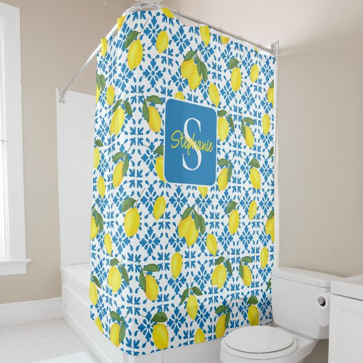 Monogram Name Blue French Tile Lemon Pattern  Duschvorhang