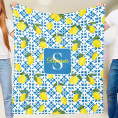 Monogram Name Blue French Tile Lemon Pattern Fleecedecke