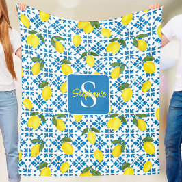 Monogram Name Blue French Tile Lemon Pattern  Fleecedecke