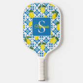 Monogram Name Blue French Tile Lemon Pattern  Pickleball Schläger (Vorderseite)