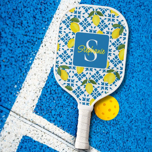 Monogram Name Blue French Tile Lemon Pattern  Pickleball Schläger