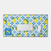 Monogram Name Blue French Tile Lemon Pattern  Schreibtischunterlage (Tastatur & Maus)