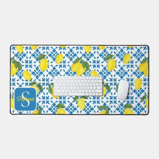 Monogram Name Blue French Tile Lemon Pattern  Schreibtischunterlage (Tastatur & Maus)