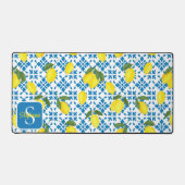 Monogram Name Blue French Tile Lemon Pattern  Schreibtischunterlage (Vorderseite)