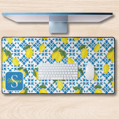 Monogram Name Blue French Tile Lemon Pattern Schreibtischunterlage