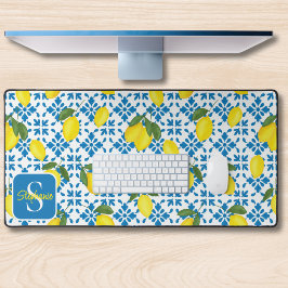 Monogram Name Blue French Tile Lemon Pattern  Schreibtischunterlage