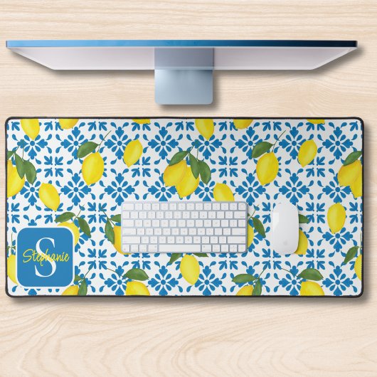 Monogram Name Blue French Tile Lemon Pattern  Schreibtischunterlage