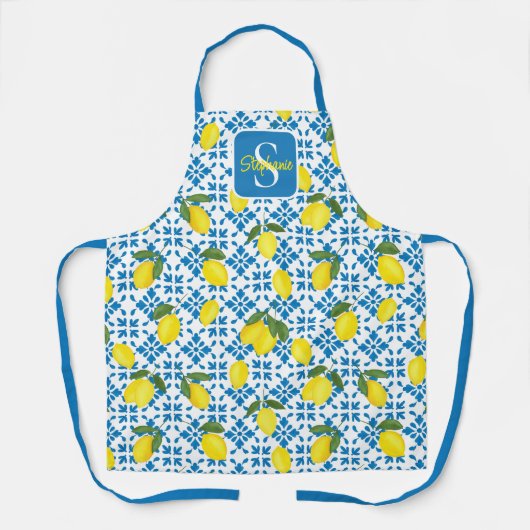 Monogram Name Blue French Tile Lemon Pattern Schürze (Vorderseite)