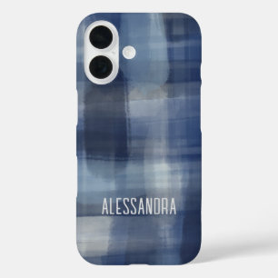 Monogram Name Blue Marine Aquarell kariert Tartan iPhone 16 Hülle
