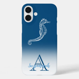 Monogram Name Blue Ombre Tropical Seepferd iPhone 16 Plus Hülle
