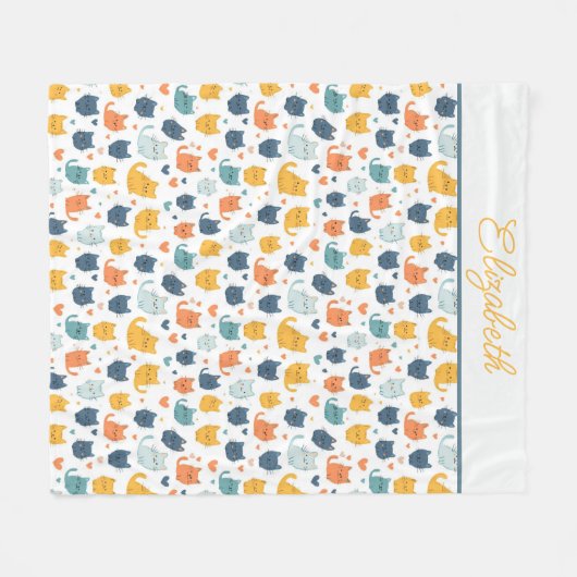 Monogram Name Blue Orange Yellow Cute Cats  Fleecedecke (Vorderseite (Horizontal))
