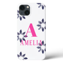 Monogram Name Blue Pink Retro Blume Watercolor
