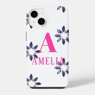 Monogram Name Blue Pink Watercolor Retro Blume iPhone 14 Hülle