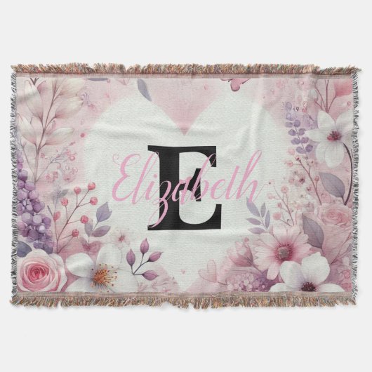 Monogram Name Blumenherzen romantische Aquarellfar Decke (Vorderseite)
