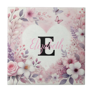 Monogram Name Blumenherzen romantische Aquarellfar Fliese