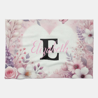 Monogram Name Blumenherzen romantische Aquarellfar Geschirrtuch