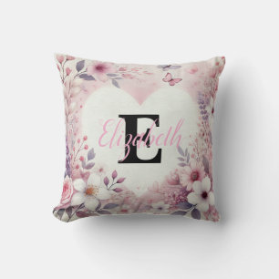 Monogram Name Blumenherzen romantische Aquarellfar Kissen