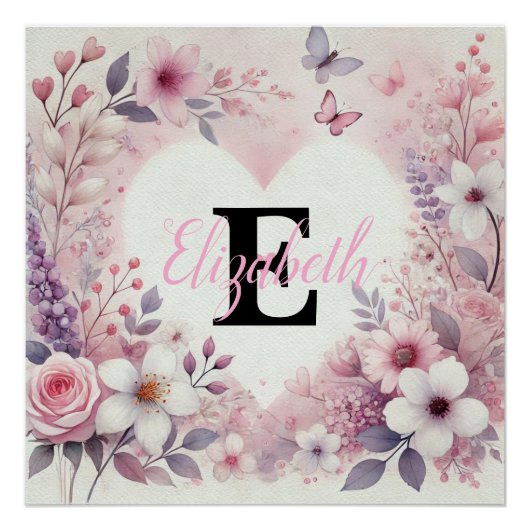 Monogram Name Blumenherzen romantische Aquarellfar Poster (Vorderseite)