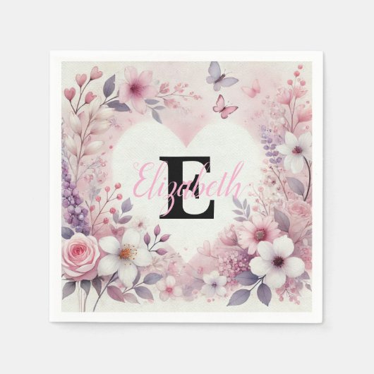 Monogram Name Blumenherzen romantische Aquarellfar Serviette (Vorderseite)