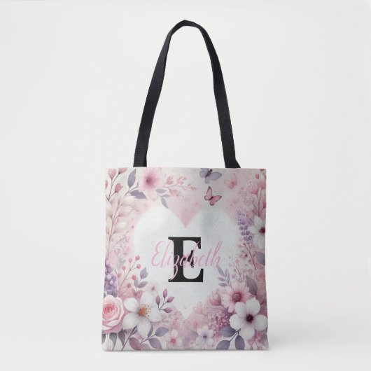 Monogram Name Blumenherzen romantische Aquarellfar Tasche (Vorderseite)