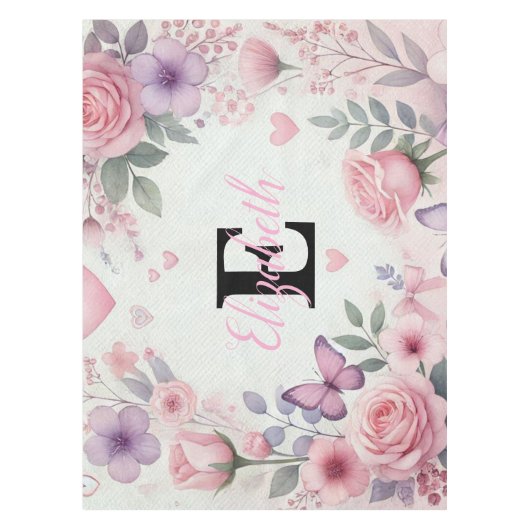 Monogram Name Blumenherzen romantische Aquarellfar Tischdecke (Vorderseite)