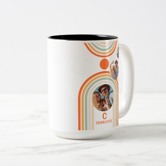 Monogram Name Boho Arch Multi Foto Trendy Girly Zweifarbige Tasse (VorderseiteRechts)