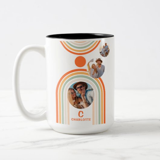 Monogram Name Boho Arch Multi Foto Trendy Girly Zweifarbige Tasse (Links)