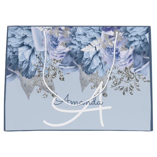 Monogram Name Bridal Favor Wedding Blue Floral Große Geschenktüte (Vorderseite)
