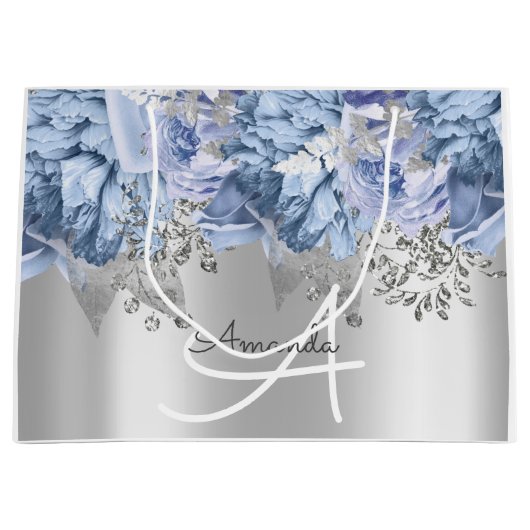 Monogram Name Bridal Gevor Wedding Blue Silver Große Geschenktüte (Vorderseite)