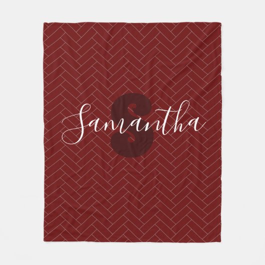 Monogram Name Burgundy Gray Herringbone-Muster Fleecedecke (Vorderseite)