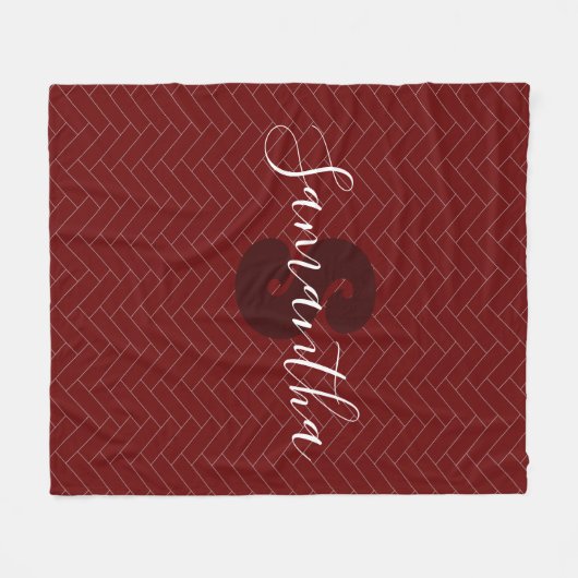 Monogram Name Burgundy Gray Herringbone-Muster Fleecedecke (Vorderseite (Horizontal))