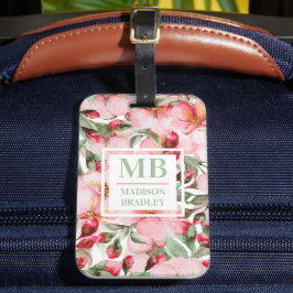 Monogram Name Cherry Blossom Wasserfarbe Floral Gepäckanhänger