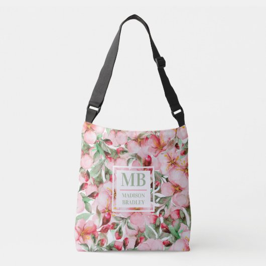 Monogram Name Cherry Blossom Wasserfarbe Floral Tragetaschen Mit Langen Trägern (Vorderseite)