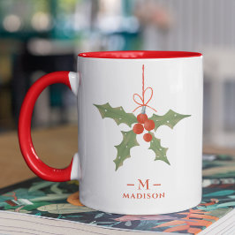 Monogram Name Christmas Holly Winter Floral Tasse