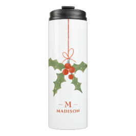 Monogram Name Christmas Holly Winter Floral Thermosbecher