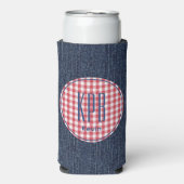 Monogram Name Dark Blue Denim Print Gingham Check Selters Dosenkühler (Seltzer Vorderseite)