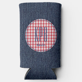 Monogram Name Dark Blue Denim Print Gingham Check Selters Dosenkühler