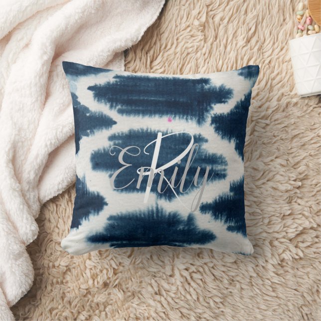 Monogram Name Deep Blue & White Shibori Gefärbte K Kissen (Decke)