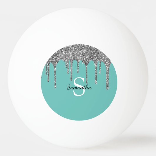 Monogram Name des aquamarinen Silver Glitzer-Spark Tischtennisball (Vorderseite)
