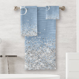 Monogram, Name des blauen, gebürsteten Metalls Sil Badhandtuch Set